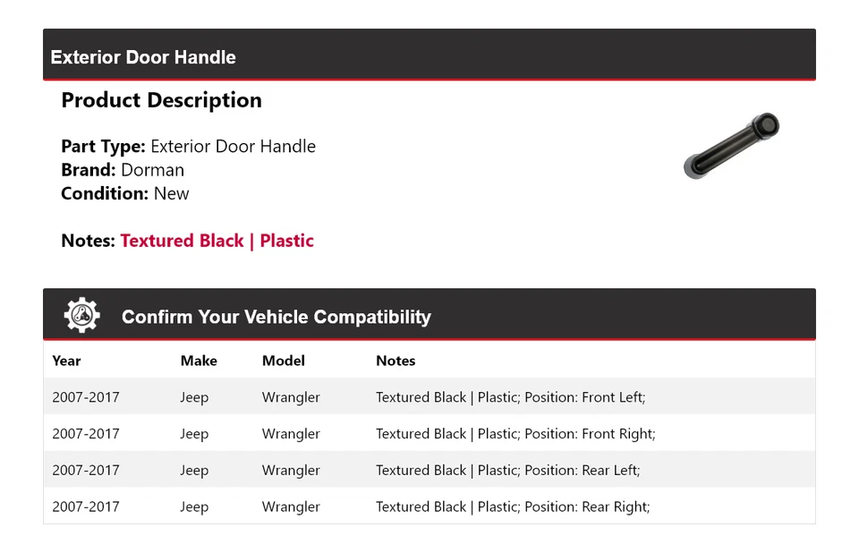 Ручка внешней двери для Jeep Wrangler Dorman 2007-2017 годов выпуска 2008 2009 2010 2011 2012 годов выпуска - Изображение 2 из 4