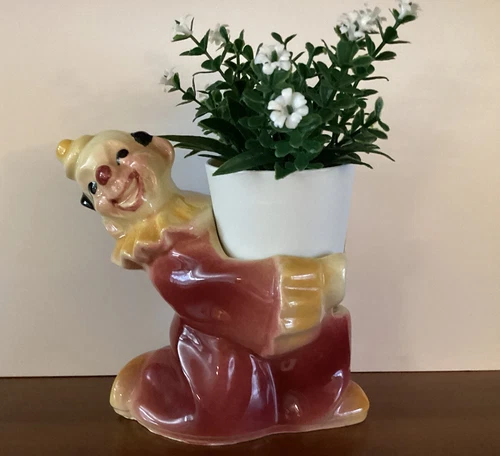 Vintage Shawnee Pottery Clown USA Plant Holder Jo Jo 619 (With Faux Plant) MCM