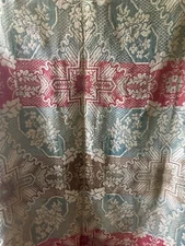 Antique Primitive Rustic Floral Geometric Acorn Leaf Coverlet ~ Red Brown Green