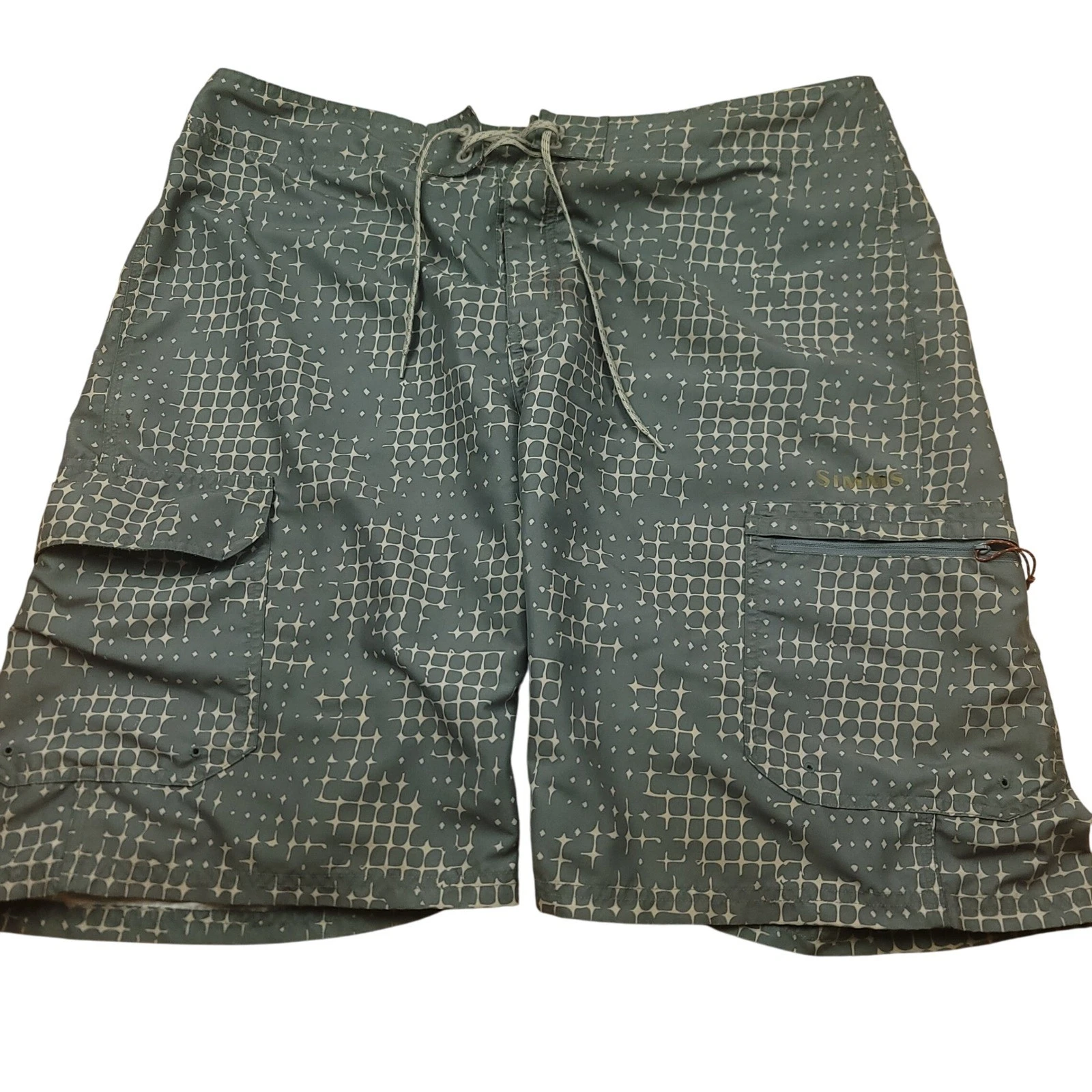 SIMMS Mens Fishing Shorts Cargo Pockets Gray Patterned