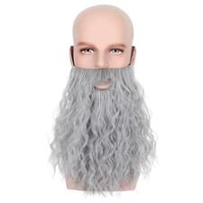 Men Long Curly Grey Cosplay Wizard Beard and Mustache with Elastic Band