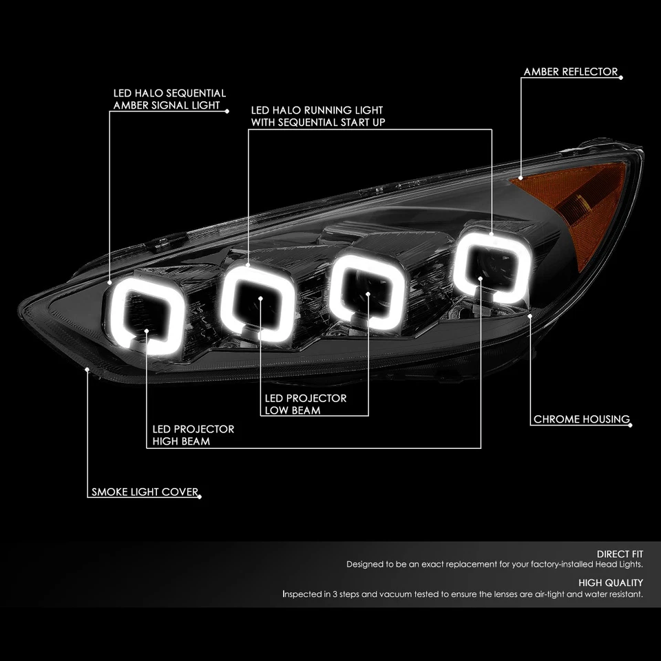 PARA FORD FOCUS 2015-2018 LED SEÑAL SECUENCIAL HALO PROYECTOR FARO AHUMADO Foto 2 de 4