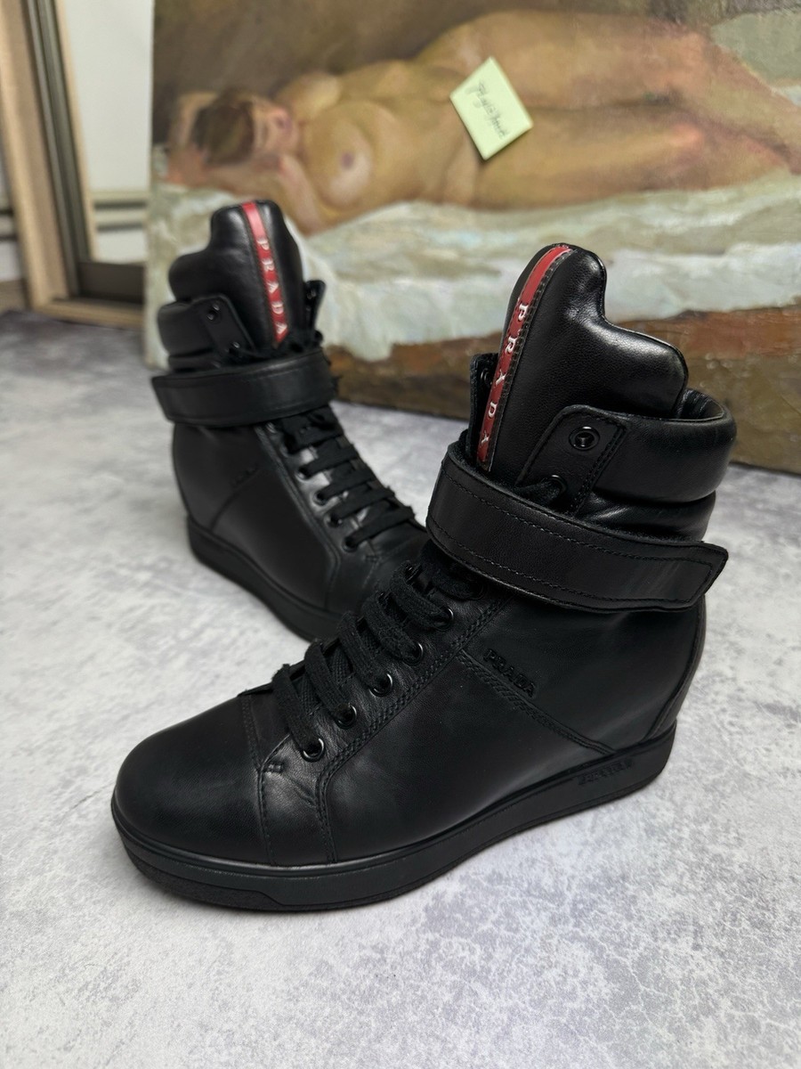 Prada Rare Vintage Runway Luxury Leather Hi Top Sneakers Boots