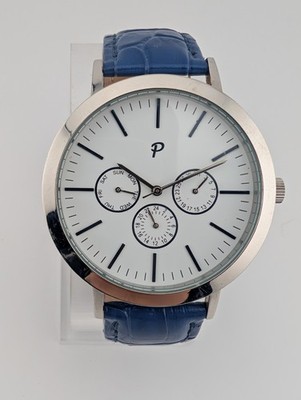 Packs Project Watch Men 44mm Silver Case Blue Leather Band- New Battery