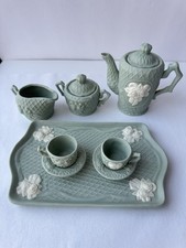 Vintage 10 Piece Green Bisque White Rose Victorian Miniature Tea Set
