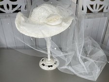 Vintage French White Ivory Lace Tulle Bridal Hat Pearls Rhinestones Veil 80s 90