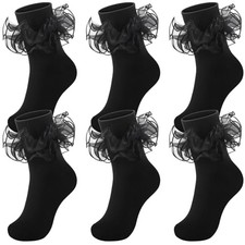 Geyoga 3 Pairs Women Big Ruffle Socks Turn Cuff, Double Lace Black Style 1
