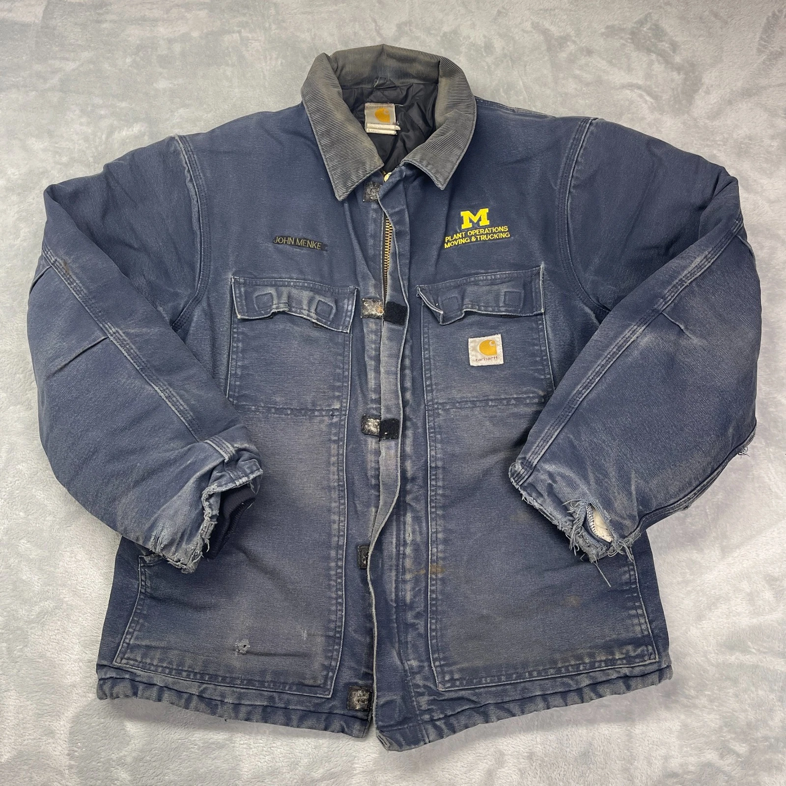 Carhartt Work Jacket Mens L Blue Denim Plant Operations Moving & Trucking Zip-Up