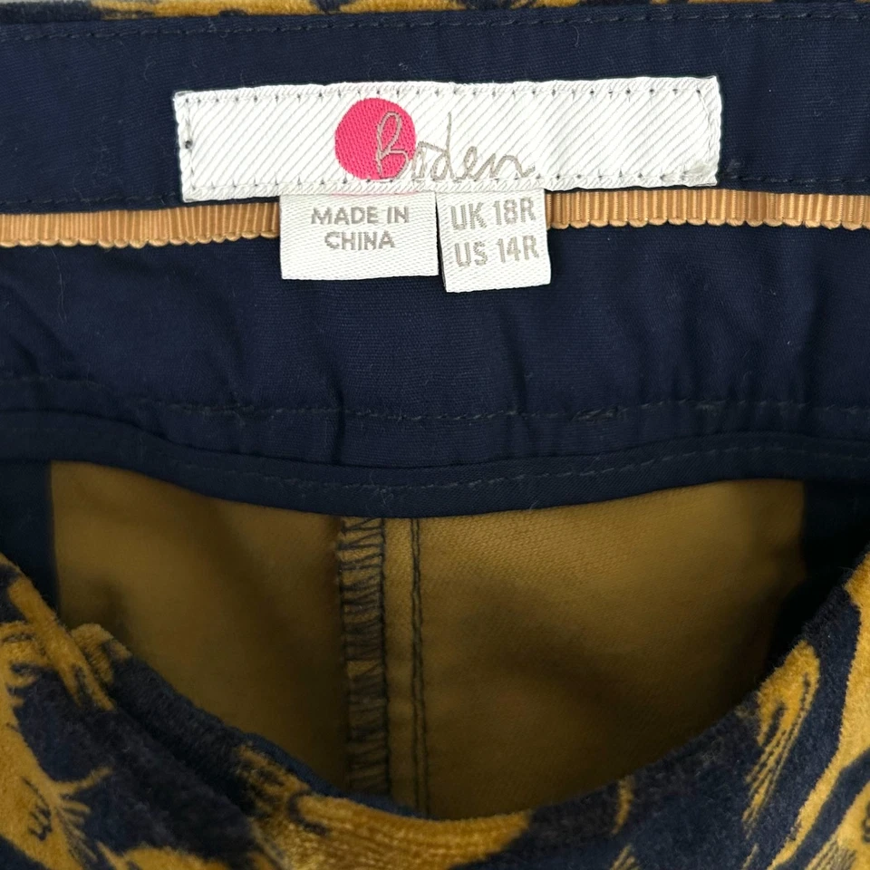 Boden Velvet Trouser Pants Womens Size 18R Gold Navy Novelty Bird Print Mid Rise - Image 3 of 4