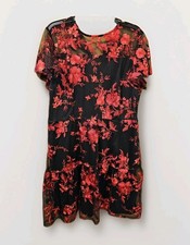 Leslie Fay Dress Women's 16 Red Black Short Sleeve Midi Ruffle Round Neck Nwt