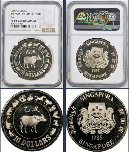 1985 Singapore Silver $10 Proof ~ Lunar Series Ox ~ PF67 NGC Ultra Cameo