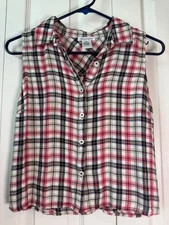 dizzylissy Women’s Sleeveless Plaid Button Down Top Size XS Pink Navy Rayon