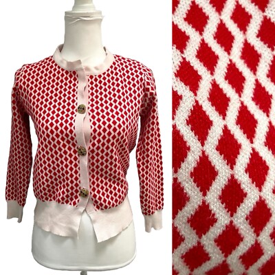 Long Sleeve Red and White Argyle Diamond Pattern Cardigan