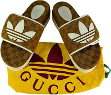 GUCCI X ADIDAS 3518968J 8126 Brown Canvas GG Supreme Men's Slides 8 - 8.5US