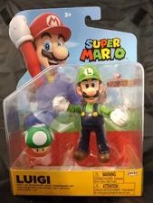 Super Mario World of Nintendo LUIGI 4.5" Action Figure with 1-UP Green Mushroom