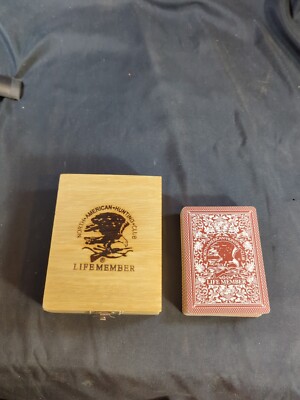 North American Hunting Club Life Member Playing Cards w/Wood Box Eagle Pyrograph