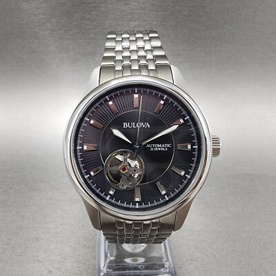 Bulova Skeleton Automatic Watch Men 40mm Black Dial Steel Round Works 96A190
