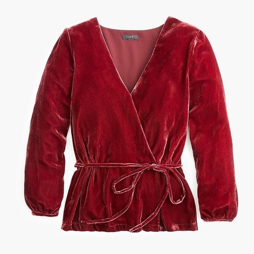 J CREW Top FAUX WRAP DRAPEY VELVET V Neck Bracelet Sleeve Belt Holiday NWT - 第 1/5 張圖片