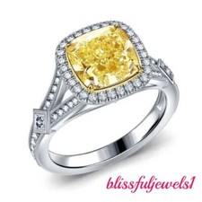 2.55CT Cushion Cut Real Citrine 14K 2-Tone Gold FN Split Shank Halo Wedding Ring