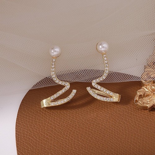 Fashion Gold Plated Pearl Wave Crystal Earrings Stud Women Party Jewelry Gift - Photo 5 sur 7