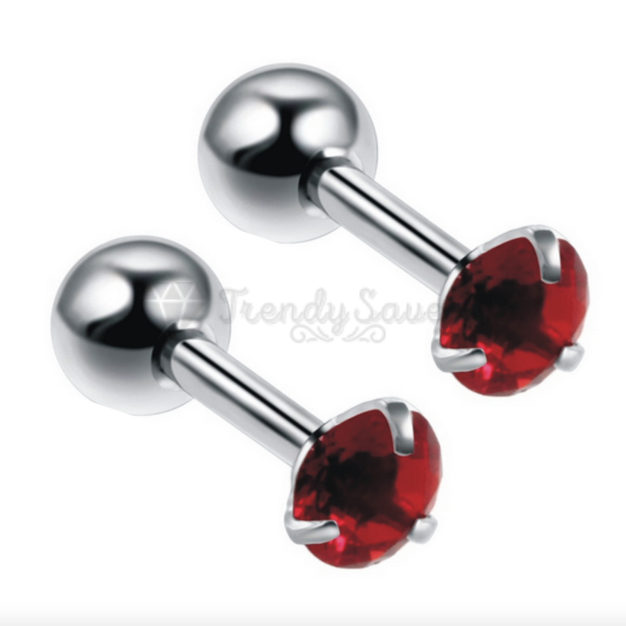 3mm Red Women Men Kids Helix Screwback Cubic Zirconia Ball Stud