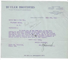 1911 Letter, Butler Brothers, General Merchandise Wholesalers, New York, Chicago