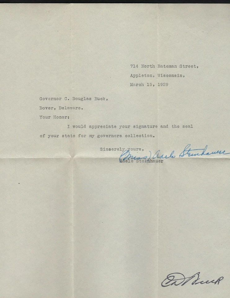 US 1928 STATE OF DELAWARE AUTOGRAPH OF GOVERNOR DOUGLAS BUCK - Image 2 of 2