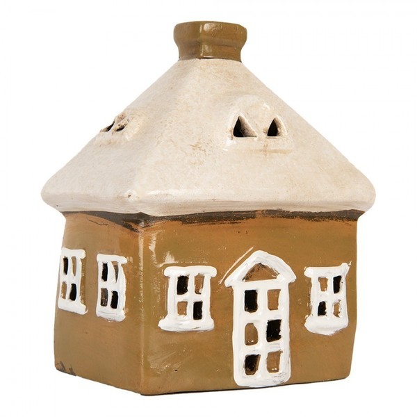 Haus Keramik Glasiert GrüNbraun Weiß 12X9X14Cm Teelichthalter Herbst Weihnachten-image