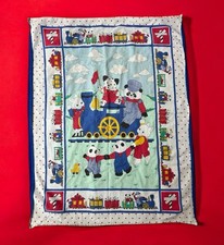 VTG 90  s Baby Crib Blanket / Wall Hanging Train Animals Primary Colors 30  x39  