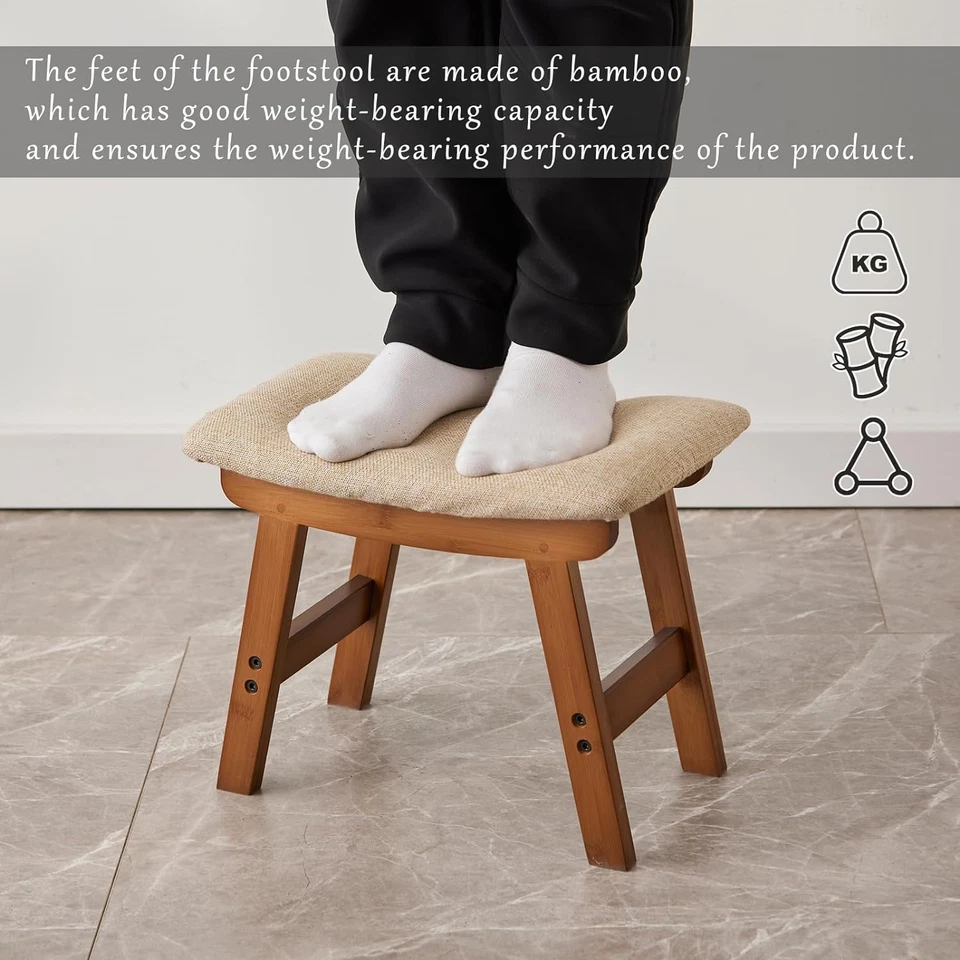 Taburete de pie de bambú, otomano pequeño para debajo del escritorio, sala de estar, dormitorio, cocina Foto 4 de 4