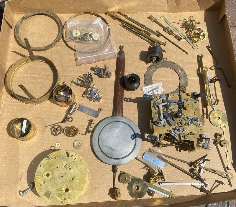 box of antique clock parts lot vintage