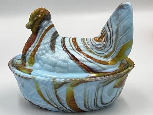 VINTAGE Westmoreland Blue Milk Red Slag Hen On Nest Candy Dish !!GLOWS!!