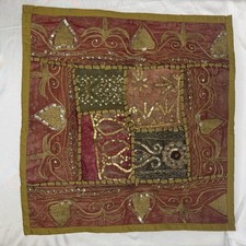 VTG Indian throw pillow Cover Beaded Handmade Embroidered Kantha Boho Olive Gr