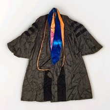 Vintage Doctoral Graduation Gown Black Velvet Panels Academic Robe USA 52x27