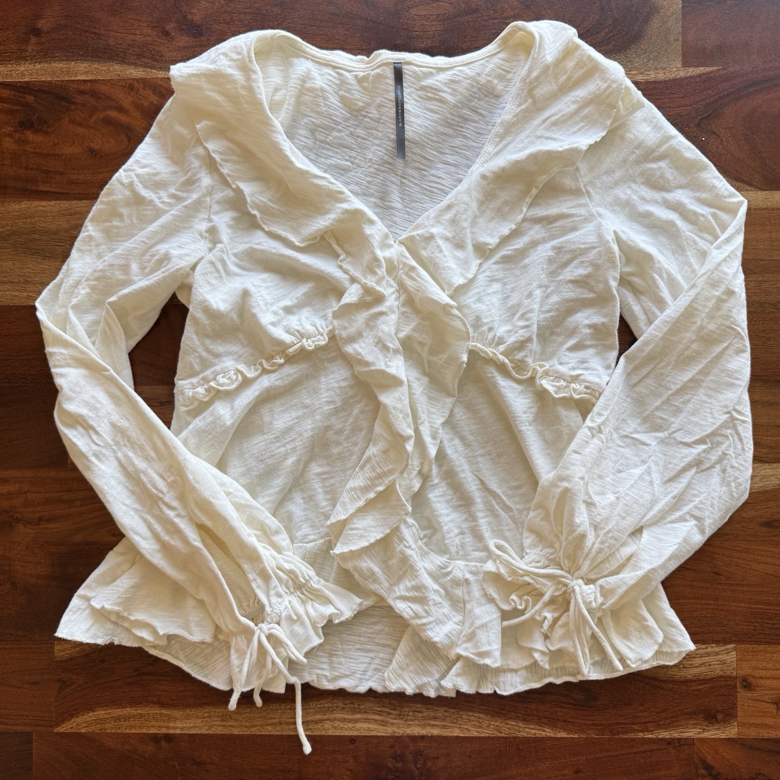 Anthropologie White Ruffle Drawstring V-Neck Cotton Blouse Long Sleeve