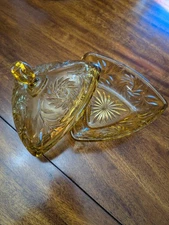 Vintage Hazel Atlas Glass Company Amber Gold Triangle Candy Dish with Lid 