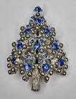 Vintage Eisenberg Christmas Tree Blue Rhinestone Silver Tone Brooch 2"