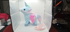 Blue Plush Electronic Walking Unicorn Toy with Pink Wings and Rainbow Tail
