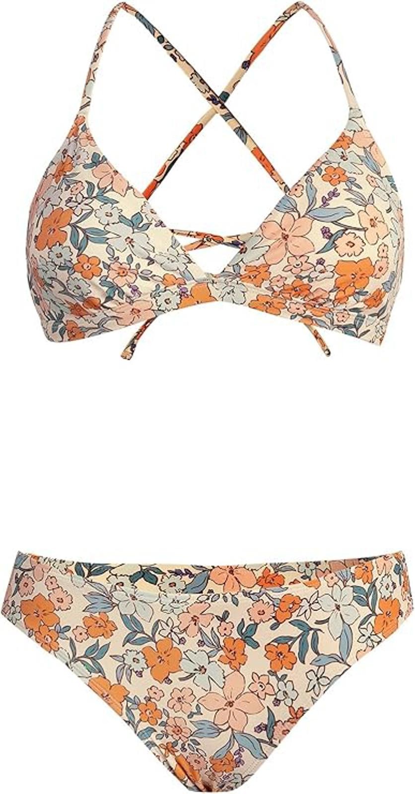 CUPSHE Floral Earthtones Two-Piece Swimsuit Crisscross Lace Up Back- Size M