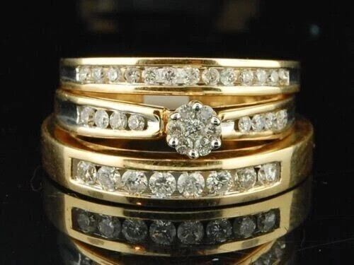 2Ct Round Cut Lab Created Diamond His & Her Trio Ring Set 14K Yellow Gold Plated