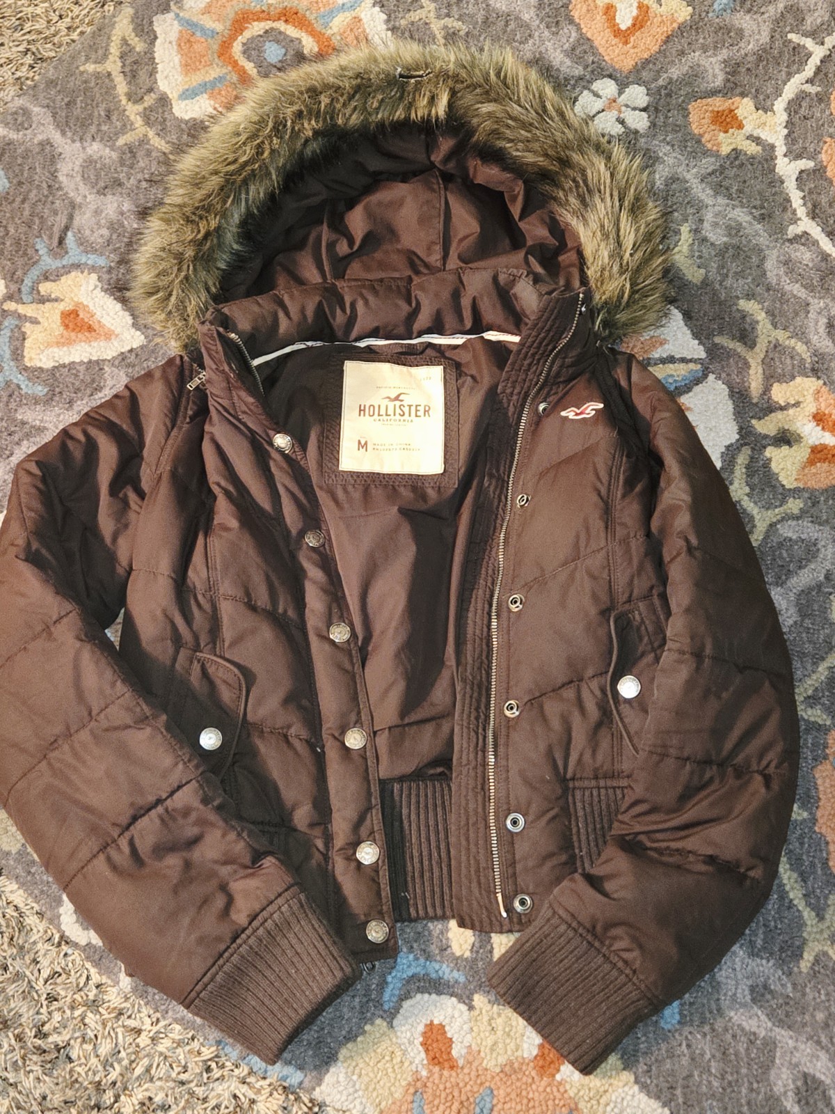 Vintage Hollister Faux Fur-lined Brown Puffer Jacket Women’s Size M See Descript