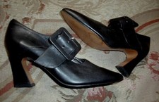 Vintage 1990's Goth Witch Black Leather High Heel Shoes w Buckles SPAIN 38 7 1/2