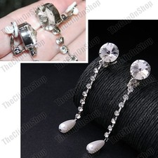 CLIP ON 3"long CRYSTAL silver rhinestone PEARL DROP EARRINGS retro vintage glass