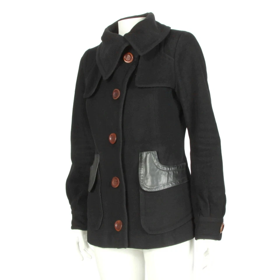 Mackage Pea Coat Black Wool w/ Leather Trim Jacket Women's size P/S - (blemish) - Imagem 2 de 4