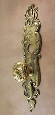 Antique Romanesque Norwalk rare brass bronze Entry door knob back plate E-16900