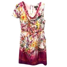 Trulli Dress Multicolor Floral Print Keyhole Pockets Lined One Short Sleeve 8
