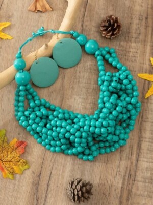 Colorful Turquoise Blue Layered Casual Wooden Bead layered Multistrand Necklace