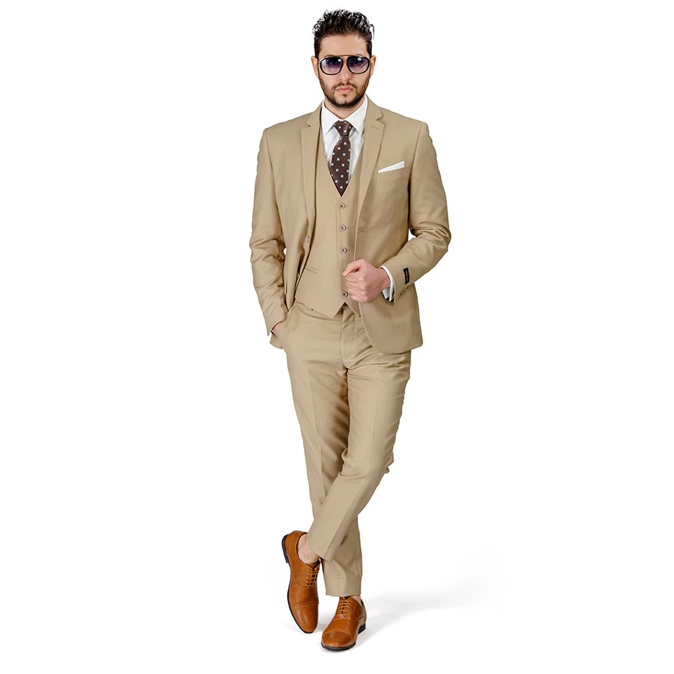 Beige Tan Slim Fit Suit Tuxedo 2 Button Notch lapel Vest Optional Fitted By AZAR - Image 2 of 4