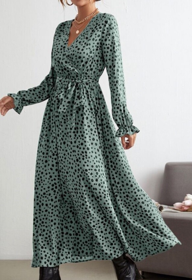 long sleeve dalmatian dress Women New Sweet Dalmatian Print Overlap V-Neck Flounce Sleeve Belted Dress S