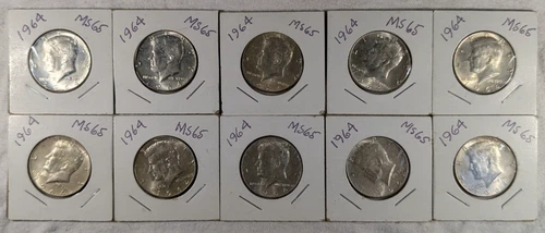 LOT OF 10 UNC 1964 KENNEDY HALF DOLLAR COINS $5 FACE VALUE UNCIRCULATED #91